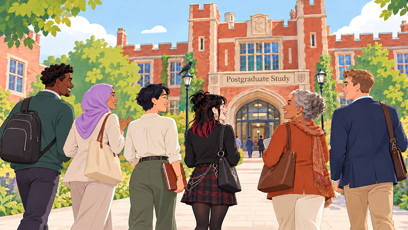 An illustrated group of students from different backgrounds approaching a university for postgraduate study
