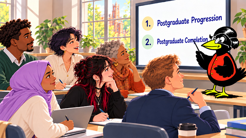 A crow presenting postgraduate progression and completion funding workshops to a diverse group of adult students